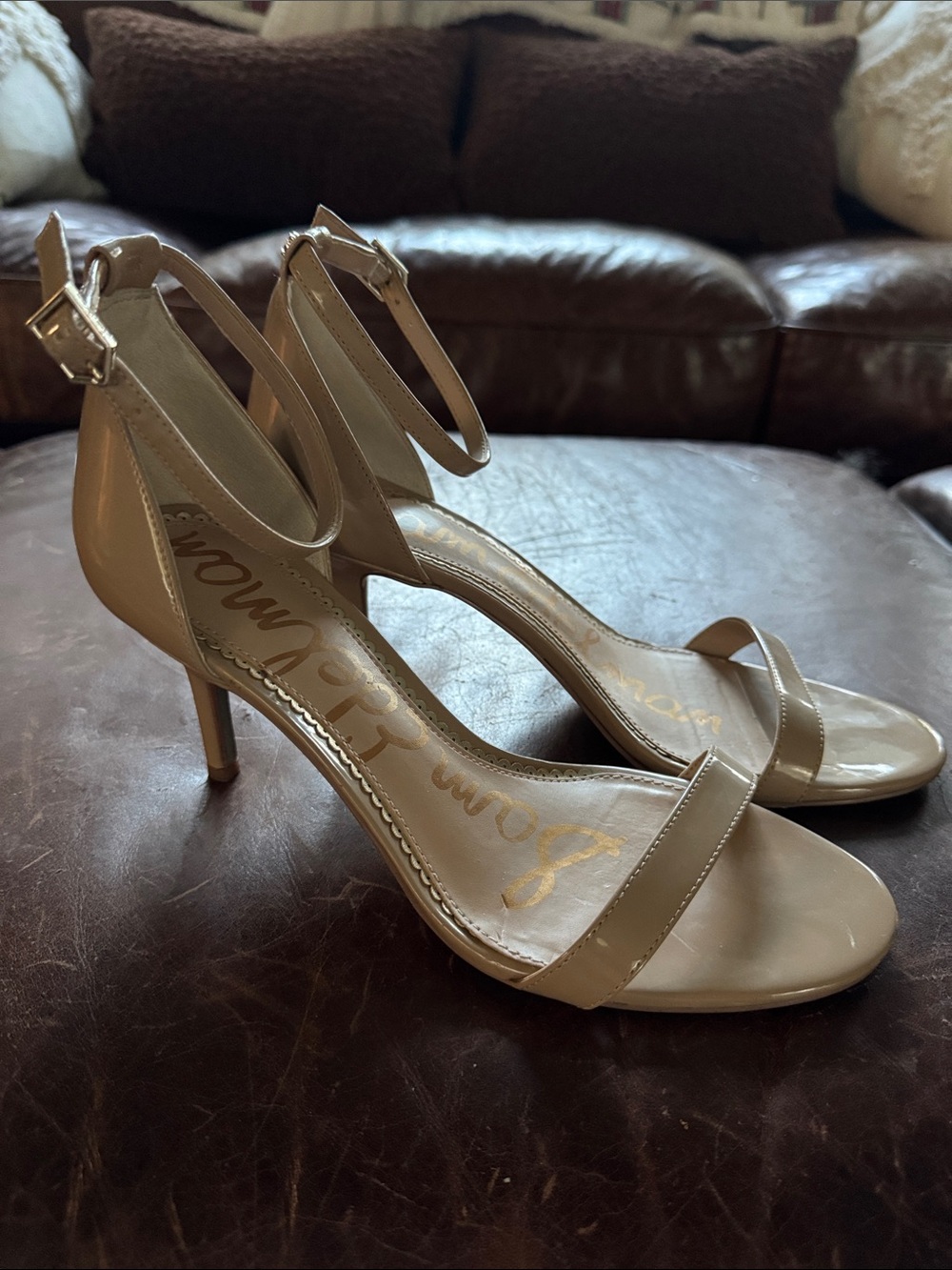 Sam Edelman Beige Patent Ankle-Strap Heels